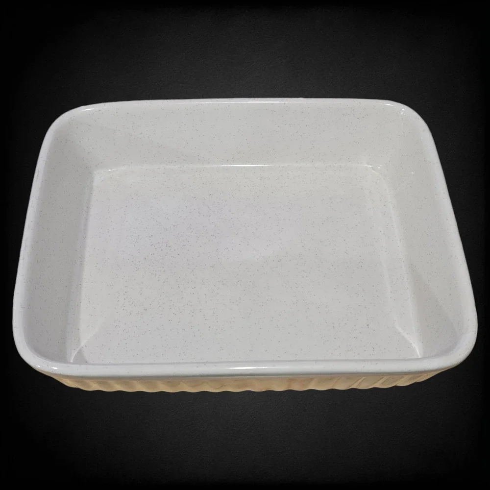 Vintage Stoneware Cream Speckled Japan Ribbed Mini Baking Dish Casserole Pan